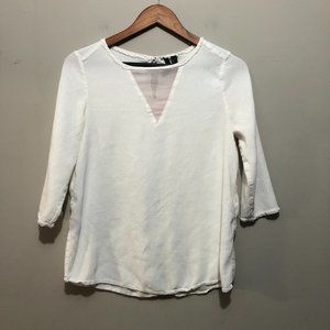 MNG Suit 3/4 Sleeve Blouse w/ Mesh VNeck Detail White/Lt Pink Medium